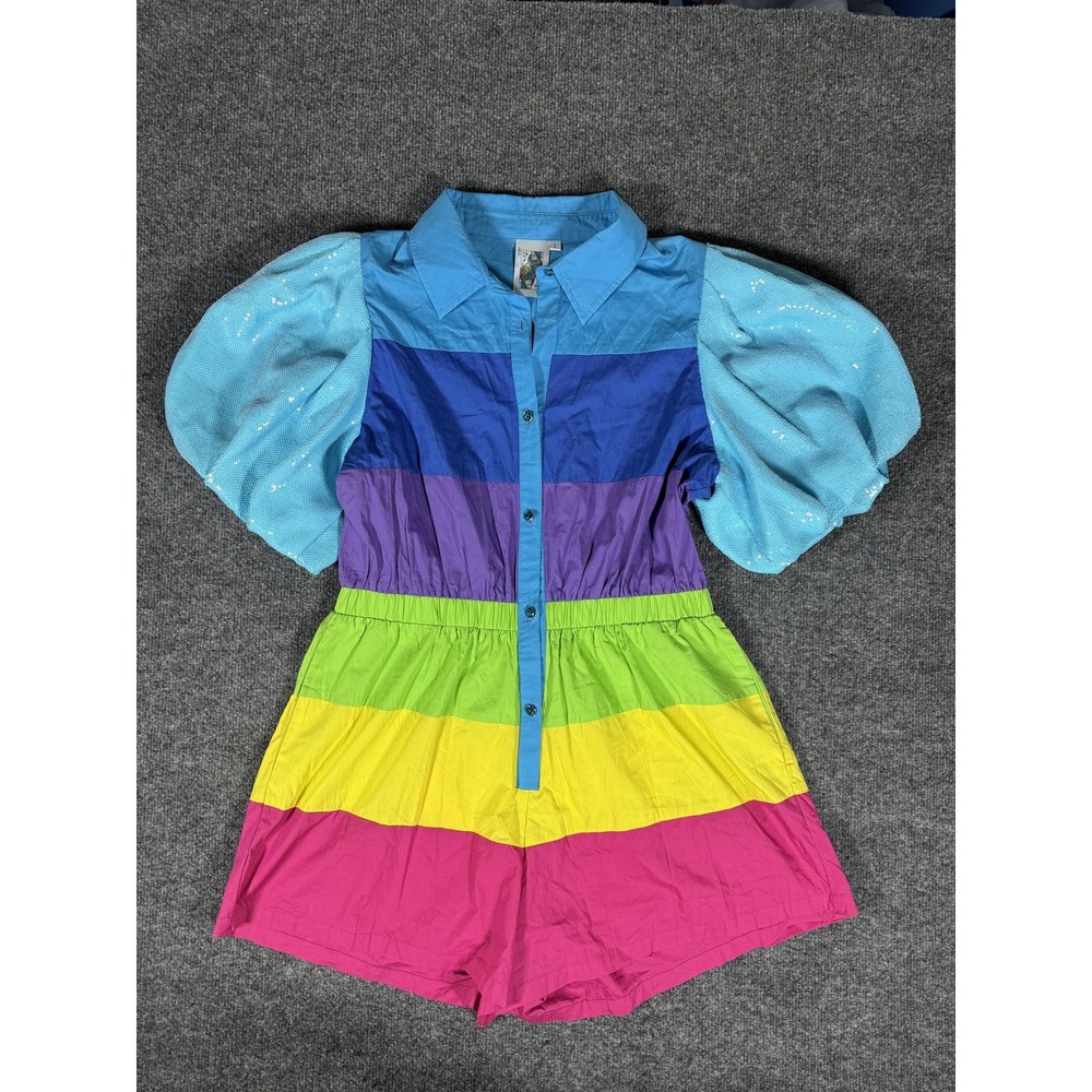 Queen of Sparkles Romper Womens Large Rainbow Sequin Stripe‎ Puff Sleeve Outfit